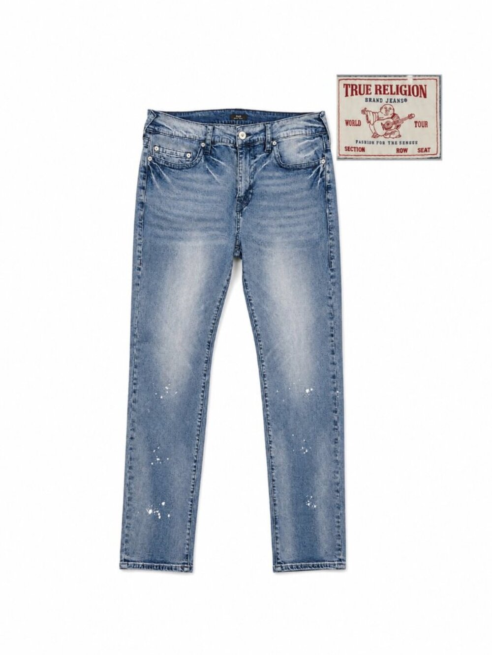 True Religion Men’s Jeans W42 Blue Straight Leg Distressed Paint Splatter Denim.